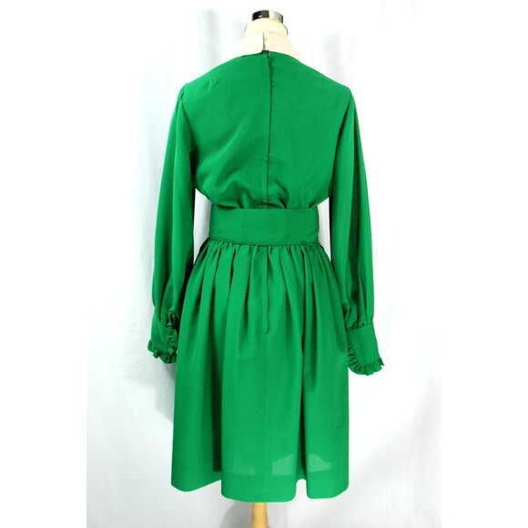 Vintage Les Wilk Collared Belted Ruffle Midi Secretary Geek Dress Green 1960s M - Picture 7 of 11